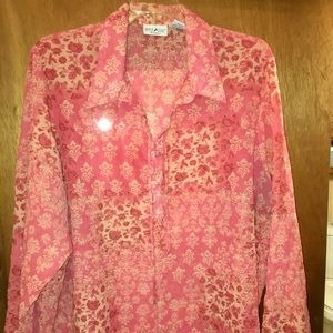 Plus size floral apricot and pink sheer blouse